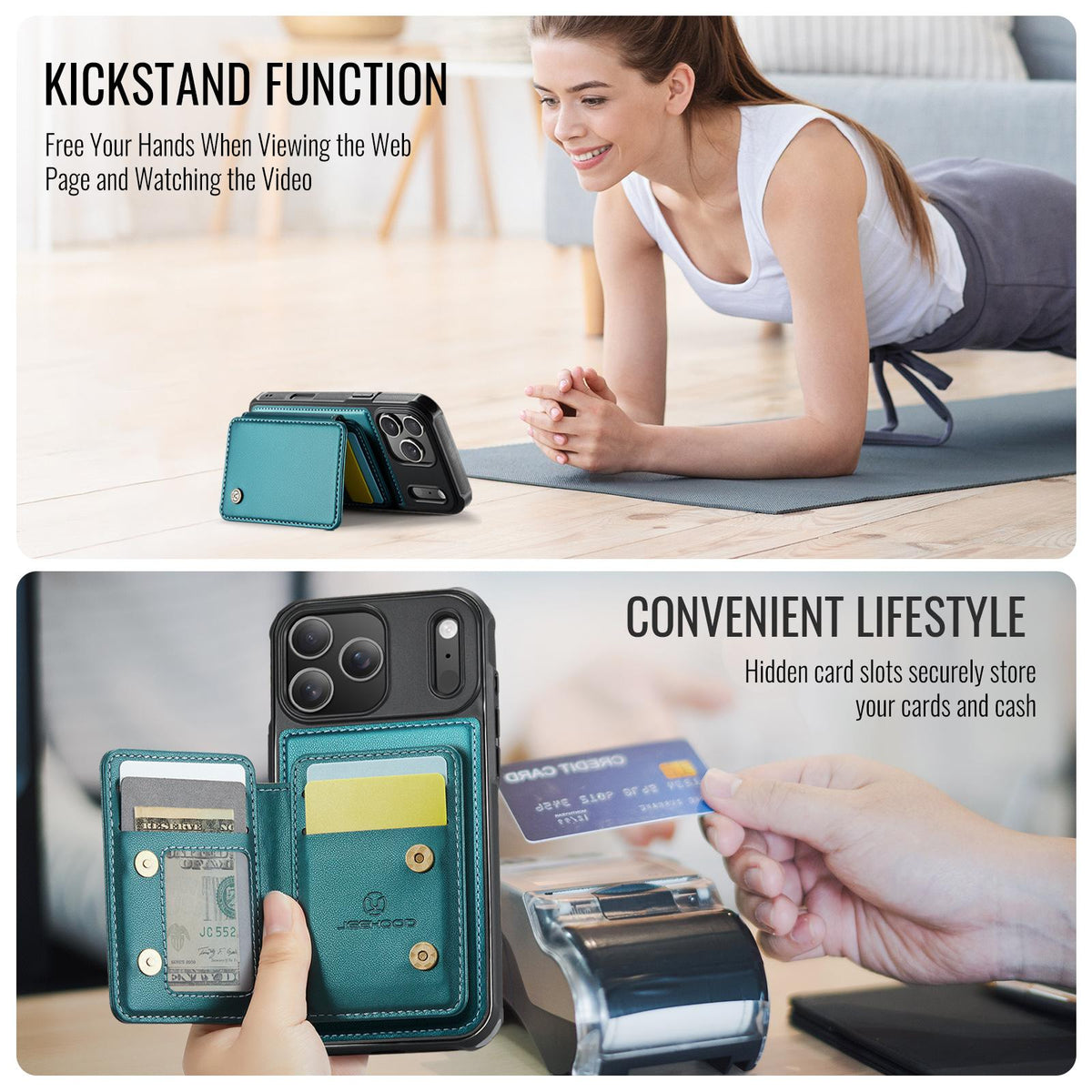 Compatible with iPhone 18 Pro Max JEEHOOD J05 Business Magnetic Style RFID Leather Phone Case - Blue Green