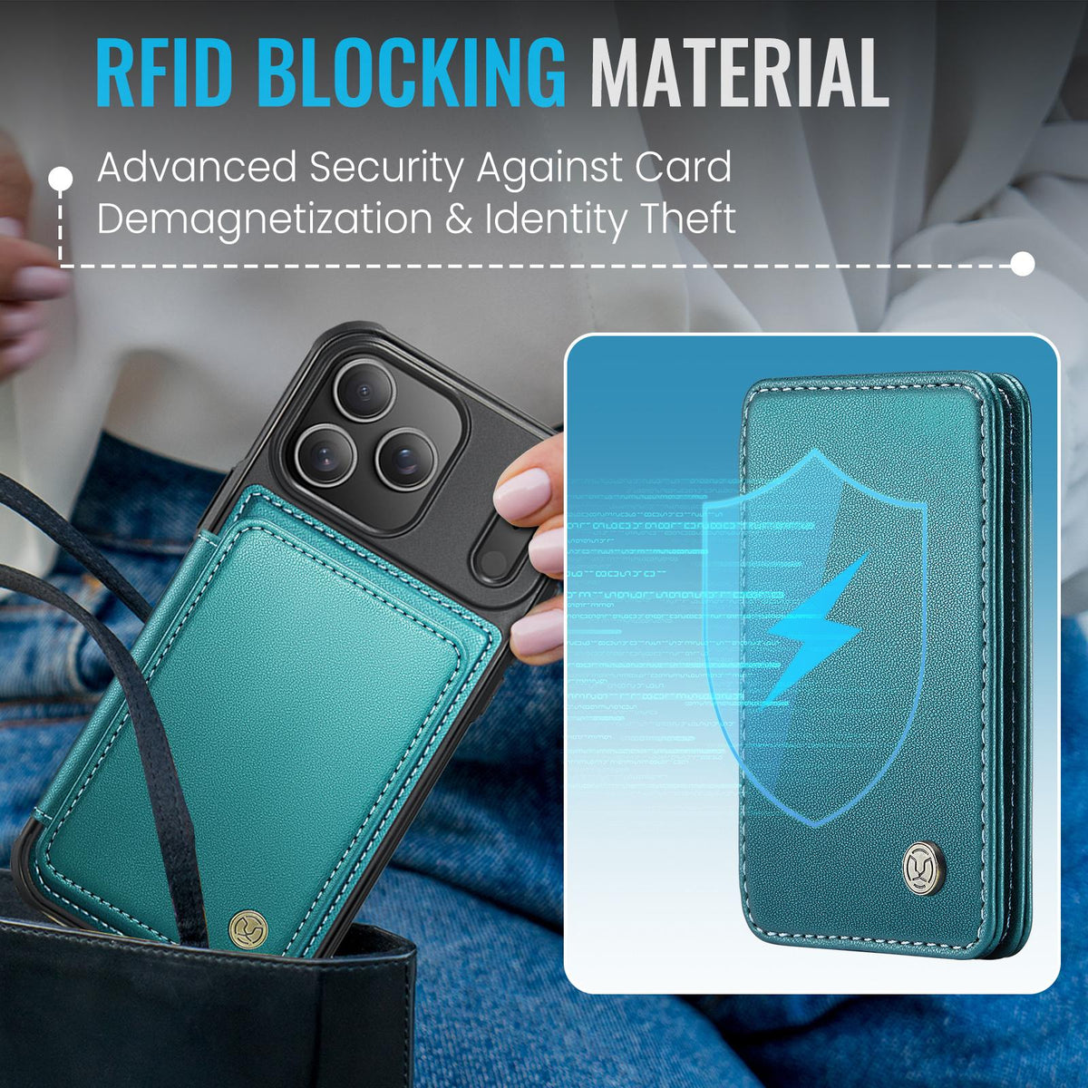 Compatible with iPhone 18 Pro Max JEEHOOD J05 Business Magnetic Style RFID Leather Phone Case - Blue Green