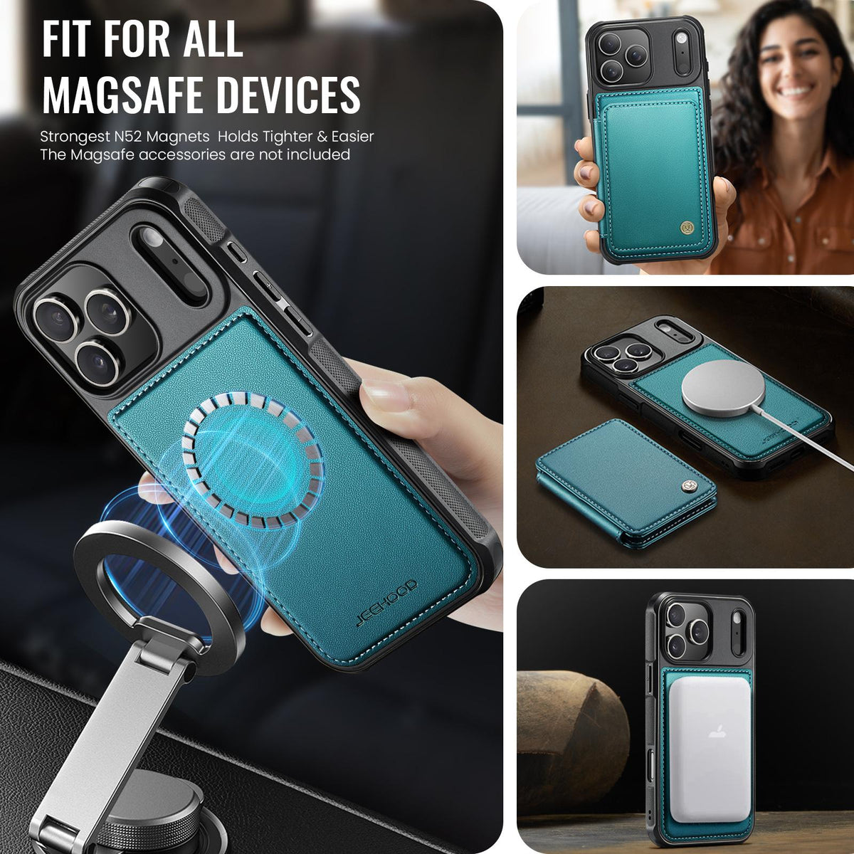 Compatible with iPhone 18 Pro Max JEEHOOD J05 Business Magnetic Style RFID Leather Phone Case - Blue Green