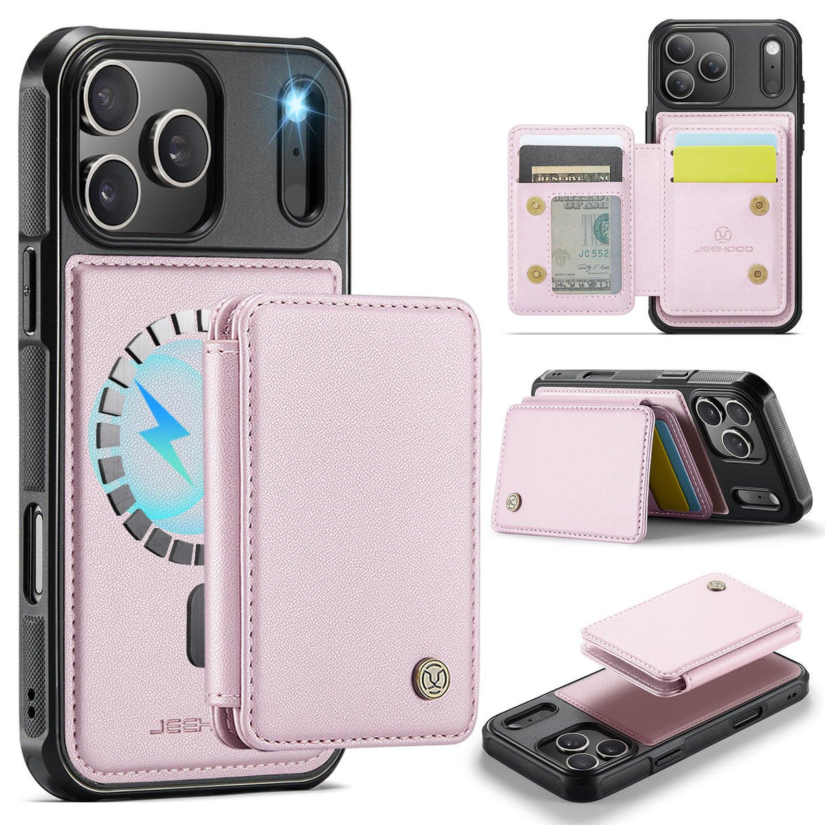 Compatible with iPhone 18 Pro Max JEEHOOD J05 Business Magnetic Style RFID Leather Phone Case - Pink