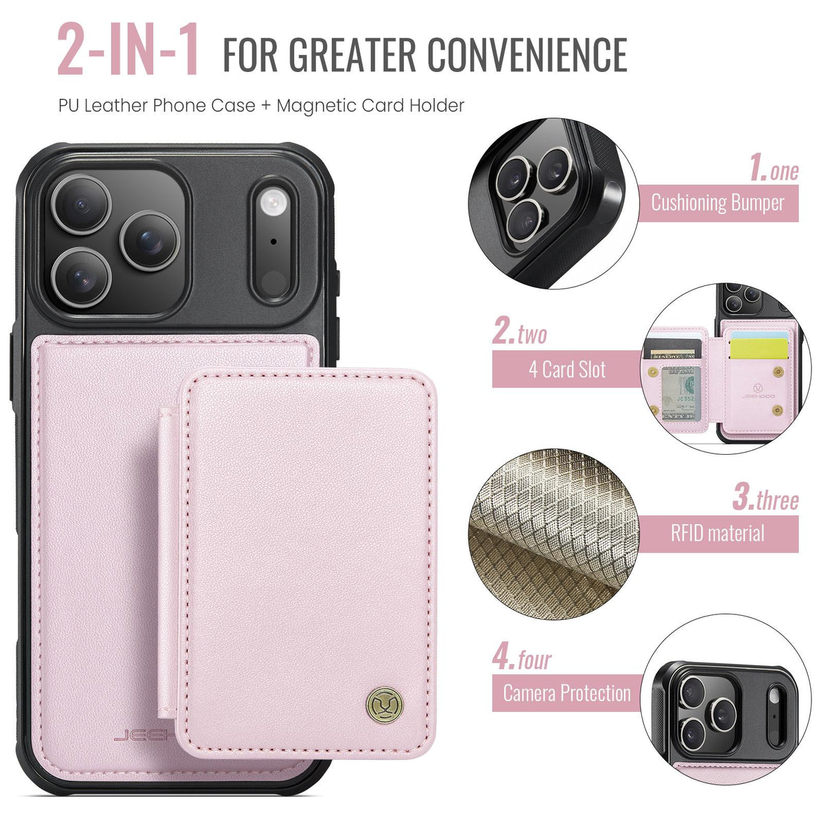 Compatible with iPhone 18 Pro Max JEEHOOD J05 Business Magnetic Style RFID Leather Phone Case - Pink