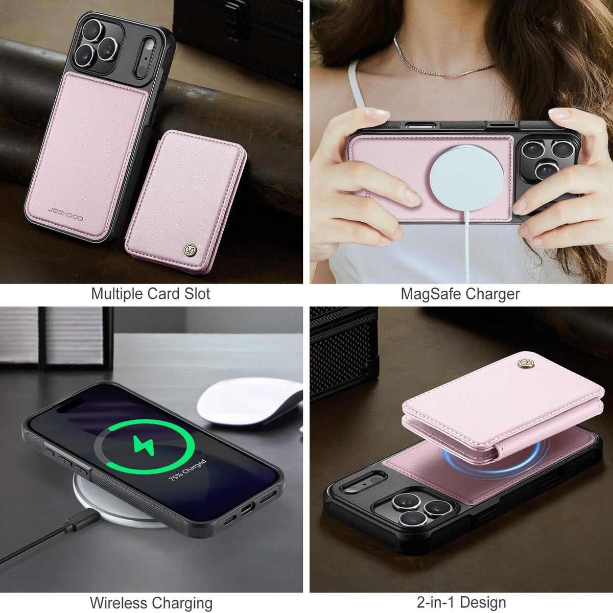 Compatible with iPhone 18 Pro Max JEEHOOD J05 Business Magnetic Style RFID Leather Phone Case - Pink