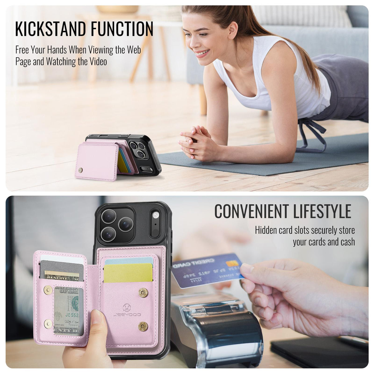 Compatible with iPhone 18 Pro Max JEEHOOD J05 Business Magnetic Style RFID Leather Phone Case - Pink