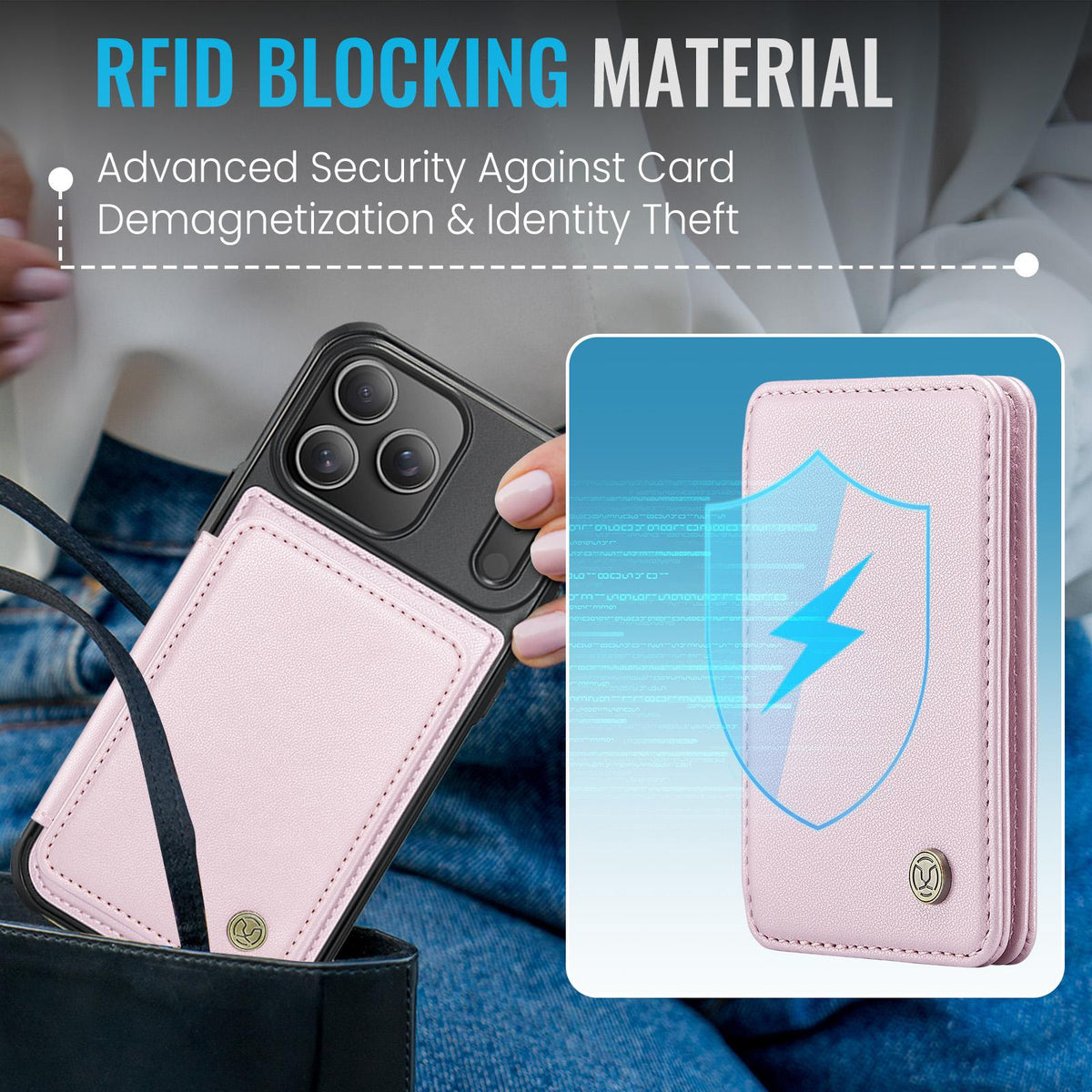 Compatible with iPhone 18 Pro Max JEEHOOD J05 Business Magnetic Style RFID Leather Phone Case - Pink