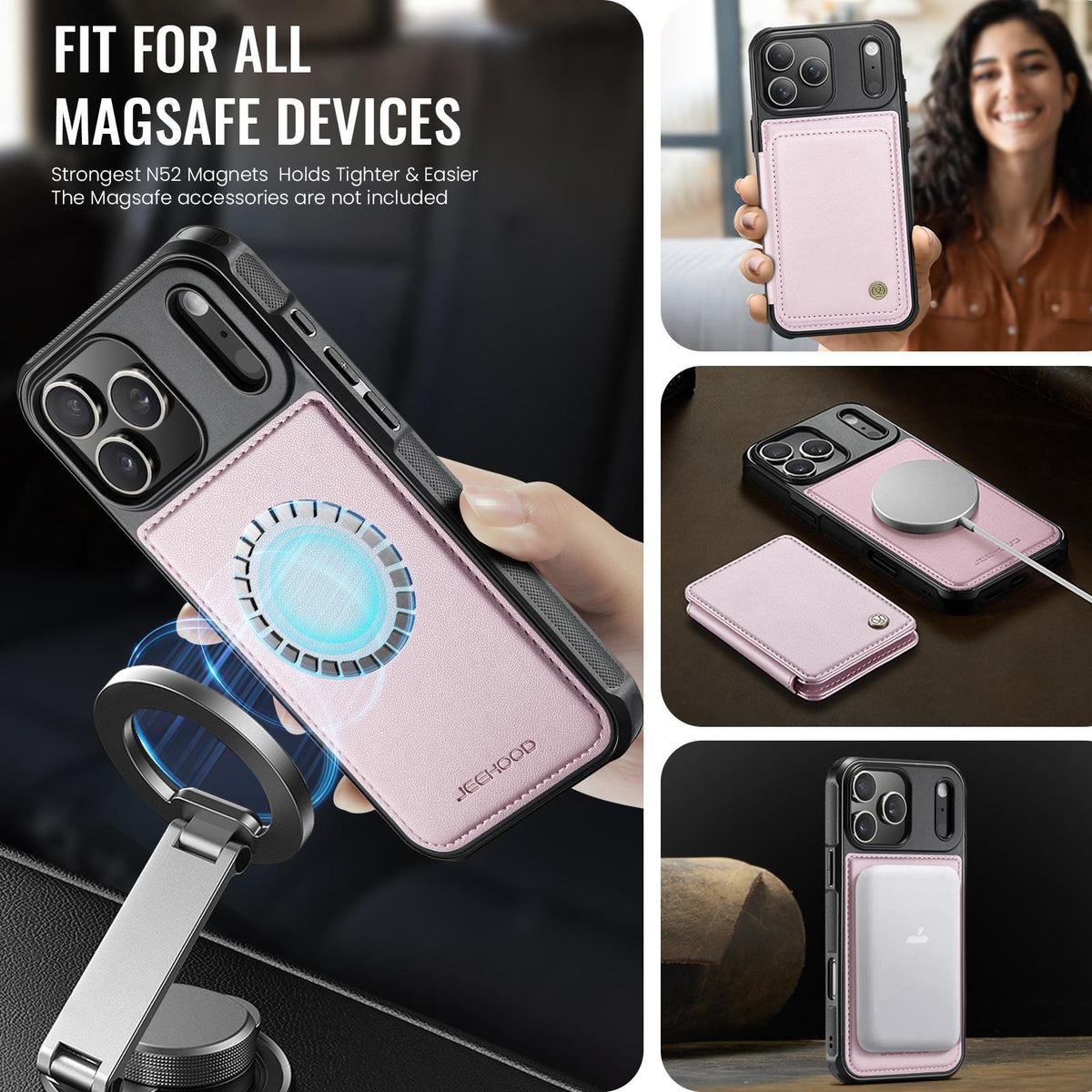 Compatible with iPhone 18 Pro Max JEEHOOD J05 Business Magnetic Style RFID Leather Phone Case - Pink