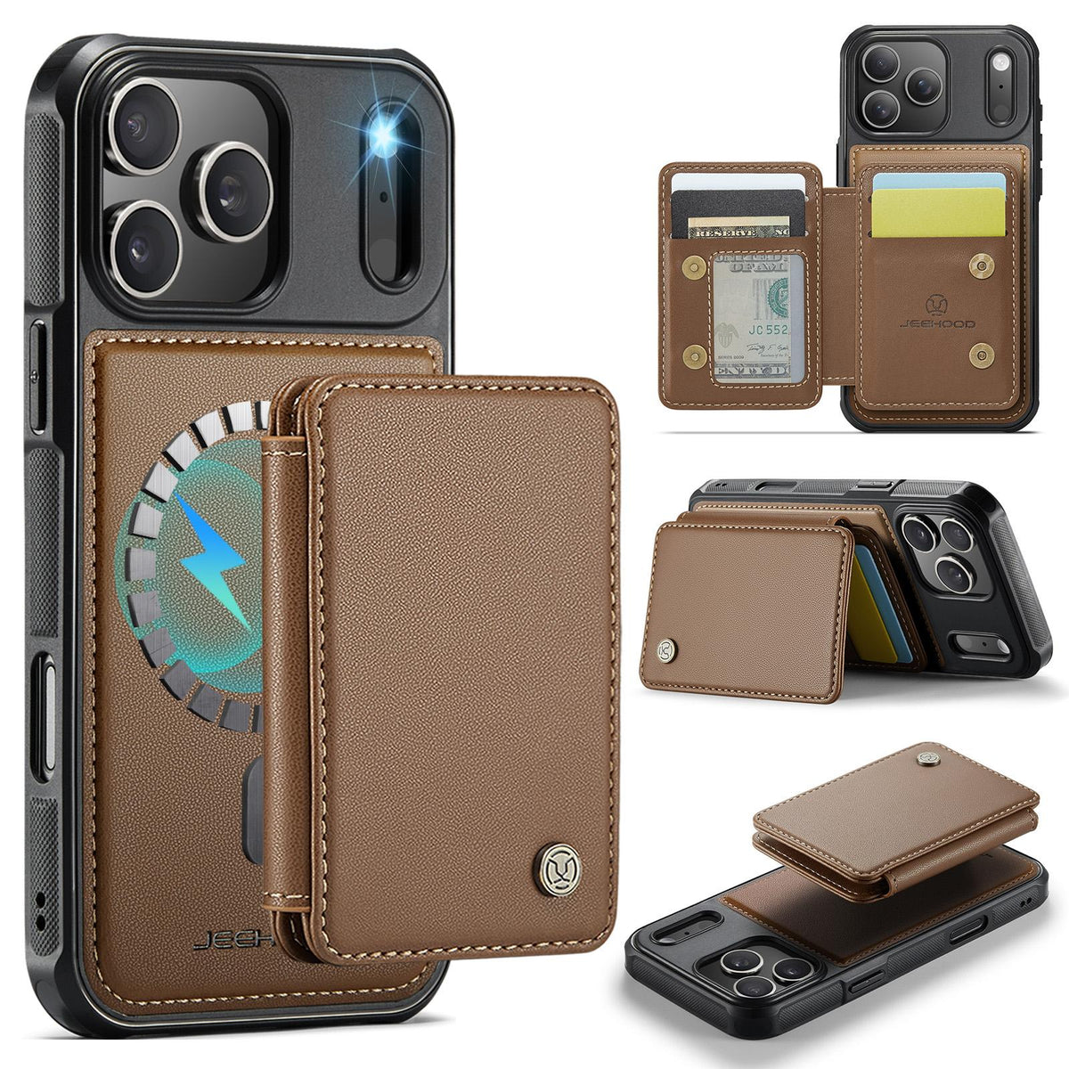 Compatible with iPhone 18 Pro Max JEEHOOD J05 Business Magnetic Style RFID Leather Phone Case - Brown