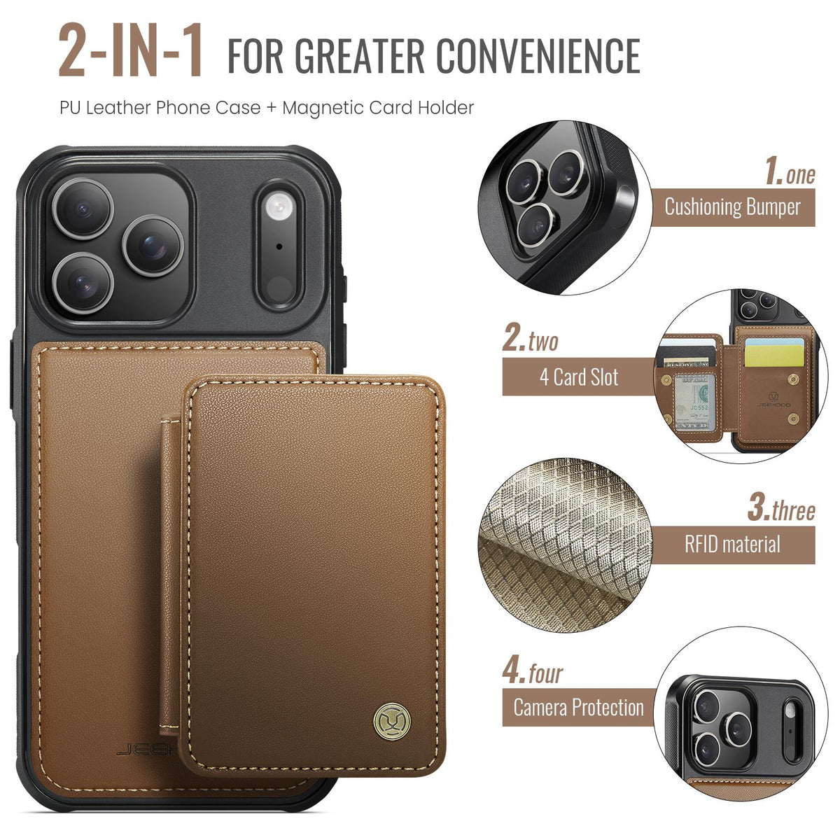 Compatible with iPhone 18 Pro Max JEEHOOD J05 Business Magnetic Style RFID Leather Phone Case - Brown