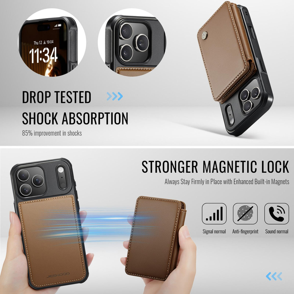 Compatible with iPhone 18 Pro Max JEEHOOD J05 Business Magnetic Style RFID Leather Phone Case - Brown