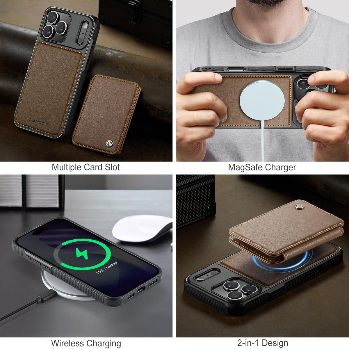 Compatible with iPhone 18 Pro Max JEEHOOD J05 Business Magnetic Style RFID Leather Phone Case - Brown
