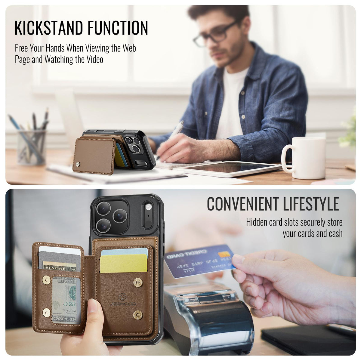 Compatible with iPhone 18 Pro Max JEEHOOD J05 Business Magnetic Style RFID Leather Phone Case - Brown