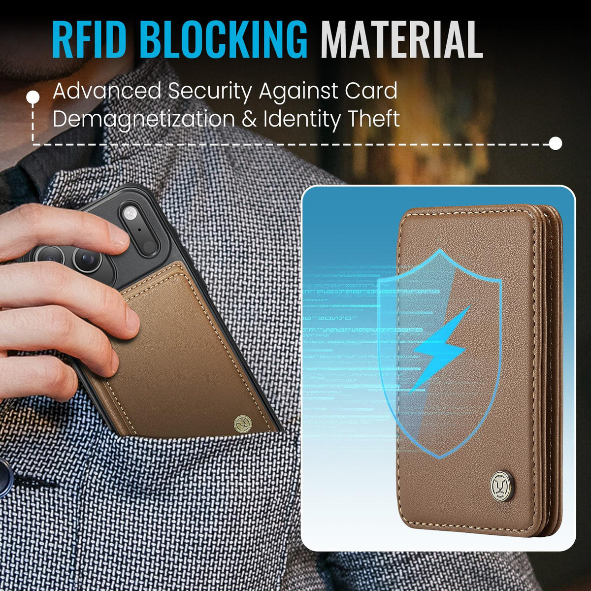 Compatible with iPhone 18 Pro Max JEEHOOD J05 Business Magnetic Style RFID Leather Phone Case - Brown