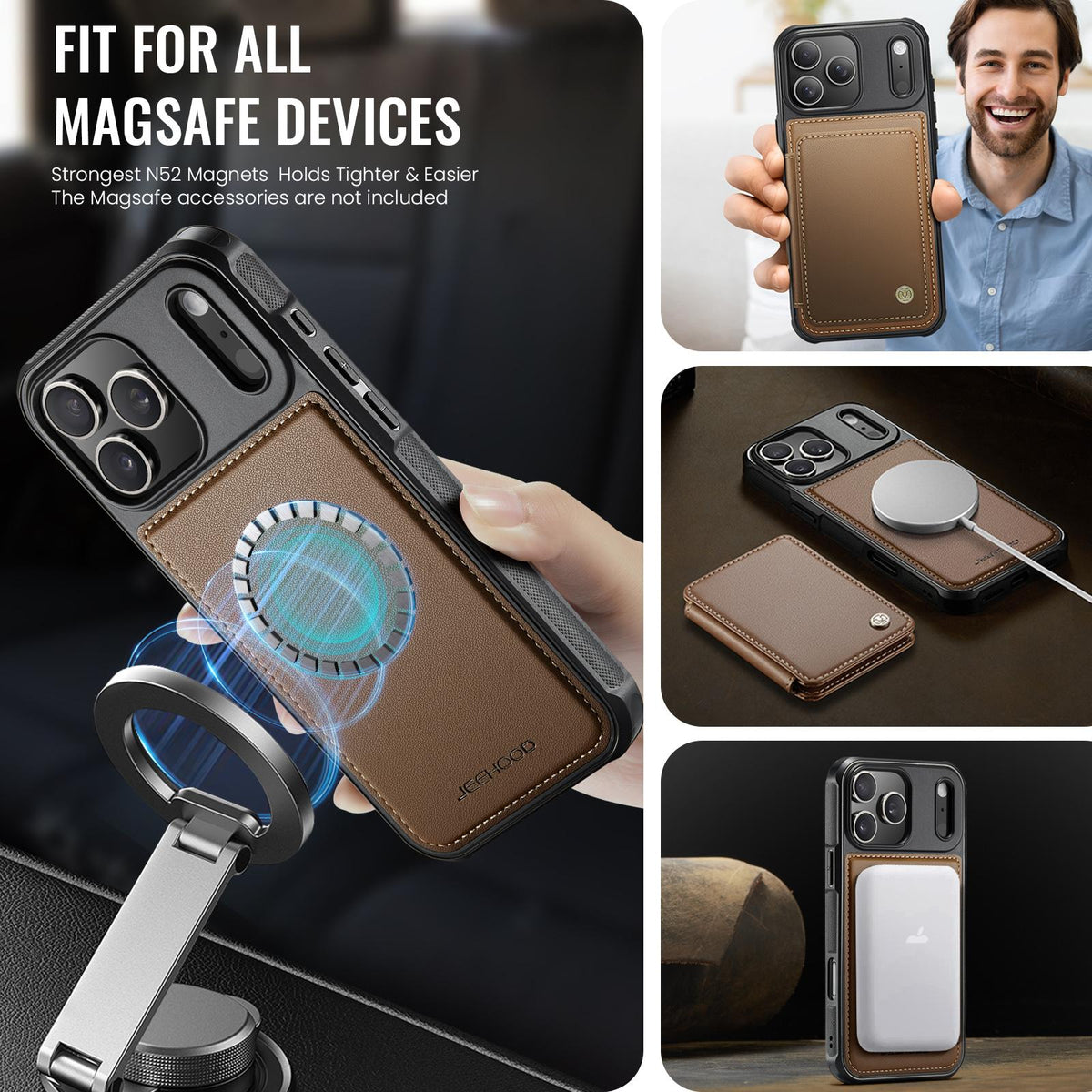 Compatible with iPhone 18 Pro Max JEEHOOD J05 Business Magnetic Style RFID Leather Phone Case - Brown