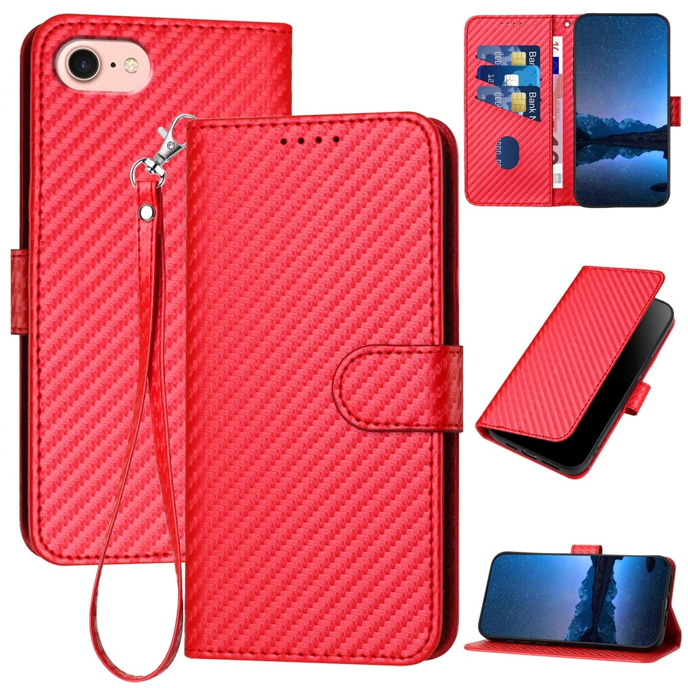 For iPhone 16e YX0070 Carbon Fiber Buckle Leather Phone Case with Lanyard(Red)
