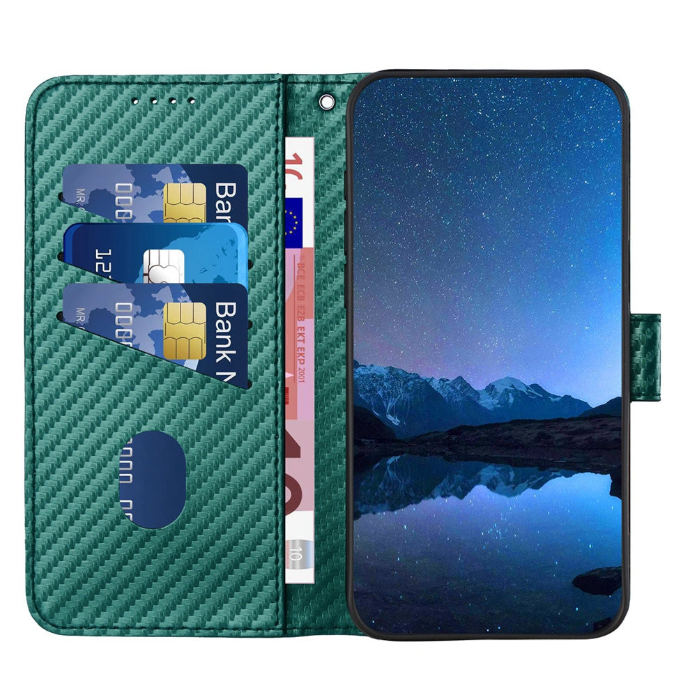 For iPhone 16e YX0070 Carbon Fiber Buckle Leather Phone Case with Lanyard(Dark Green)