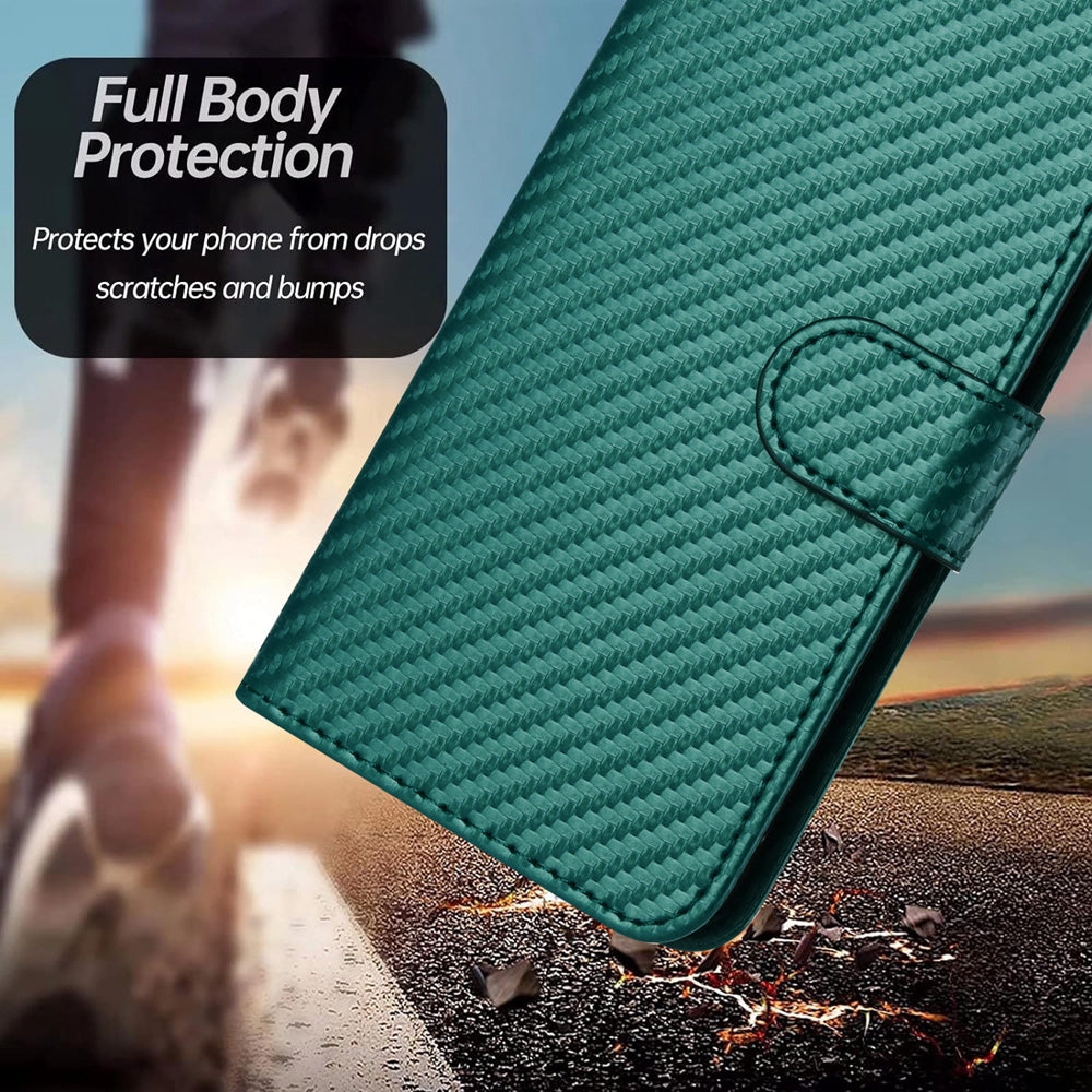 For iPhone 16e YX0070 Carbon Fiber Buckle Leather Phone Case with Lanyard(Dark Green)