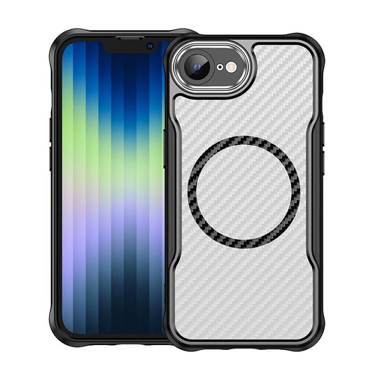 For iPhone 16e Carbon Fiber Texture MagSafe Translucent Phone Case(Black)
