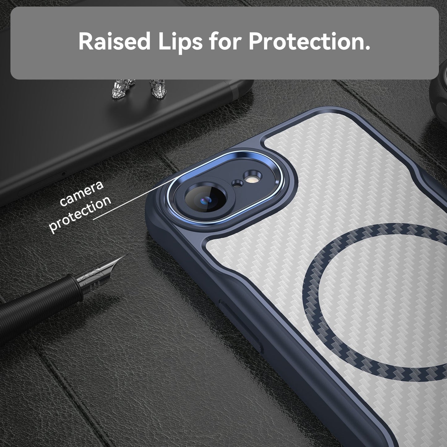 For iPhone 16e Carbon Fiber Texture MagSafe Translucent Phone Case(Blue)