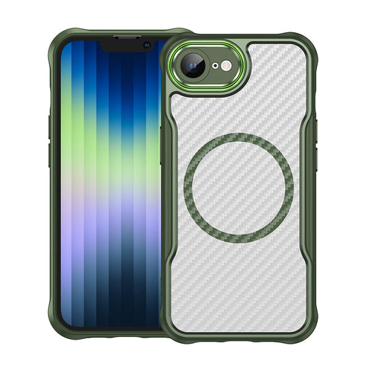For iPhone 16e Carbon Fiber Texture MagSafe Translucent Phone Case(Green)