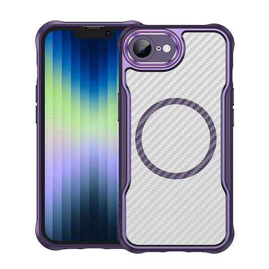 For iPhone 16e Carbon Fiber Texture MagSafe Translucent Phone Case(Purple)