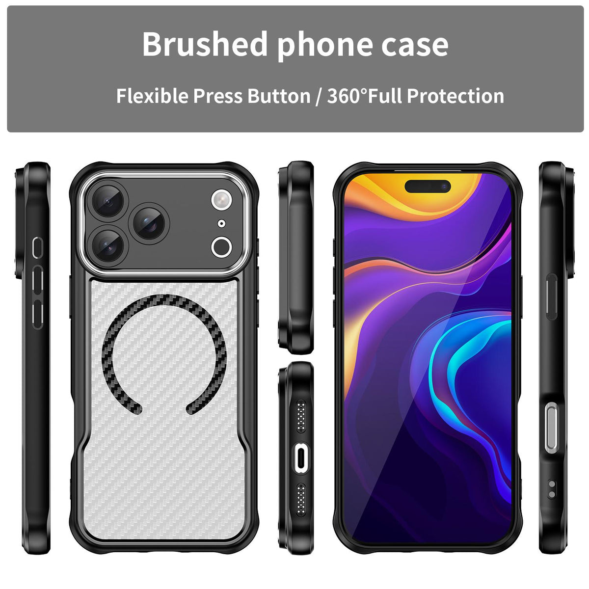 Compatible with iPhone 18 Pro Max Carbon Fiber Texture MagSafe Translucent Phone Case - Black