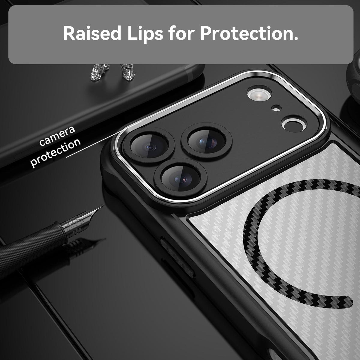Compatible with iPhone 18 Pro Max Carbon Fiber Texture MagSafe Translucent Phone Case - Black