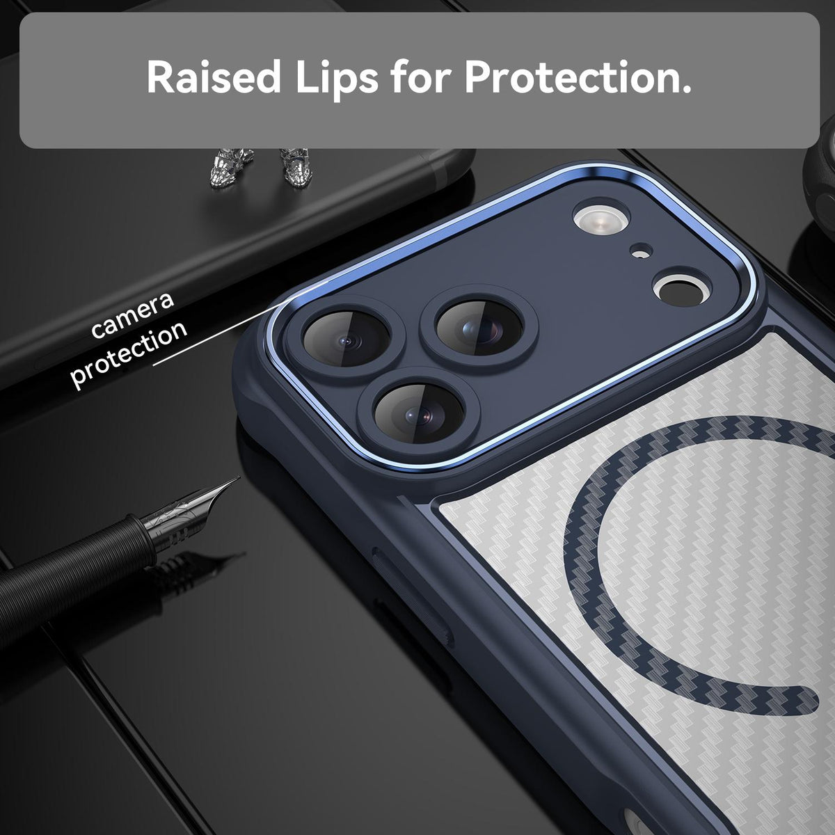Compatible with iPhone 18 Pro Max Carbon Fiber Texture MagSafe Translucent Phone Case - Blue