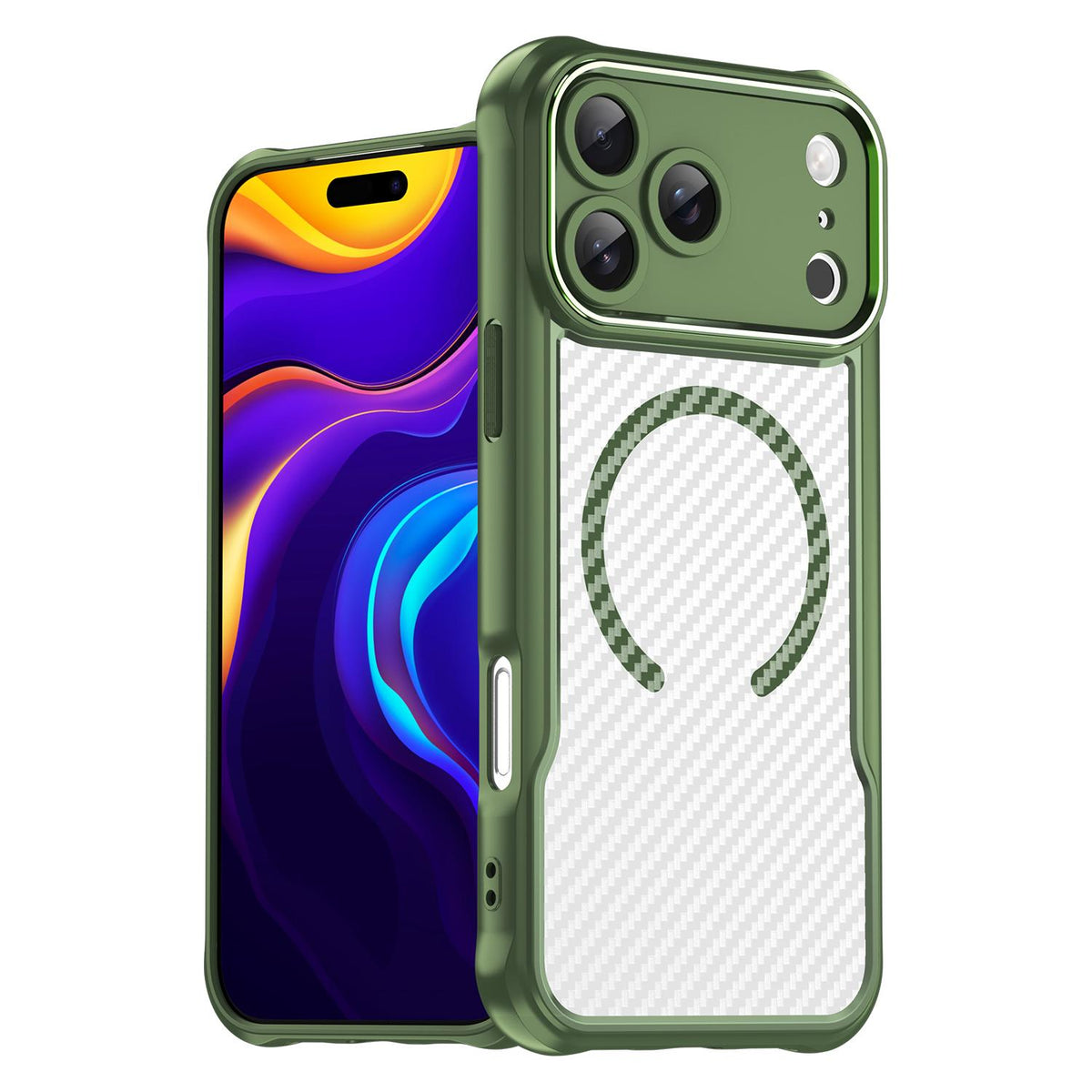 Compatible with iPhone 18 Pro Max Carbon Fiber Texture MagSafe Translucent Phone Case - Green