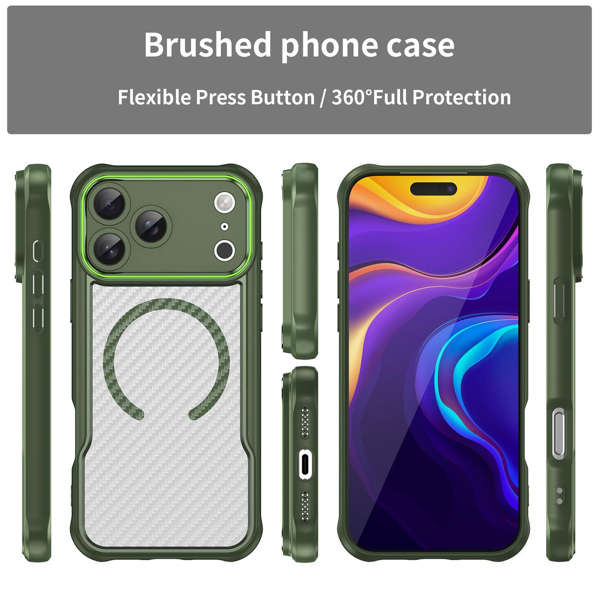 Compatible with iPhone 18 Pro Max Carbon Fiber Texture MagSafe Translucent Phone Case - Green