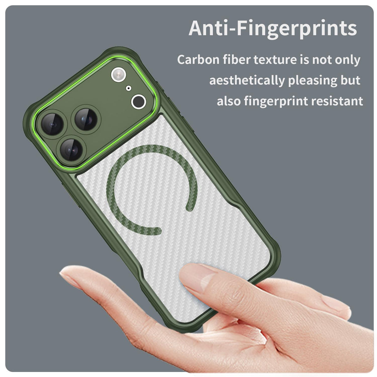 Compatible with iPhone 18 Pro Max Carbon Fiber Texture MagSafe Translucent Phone Case - Green