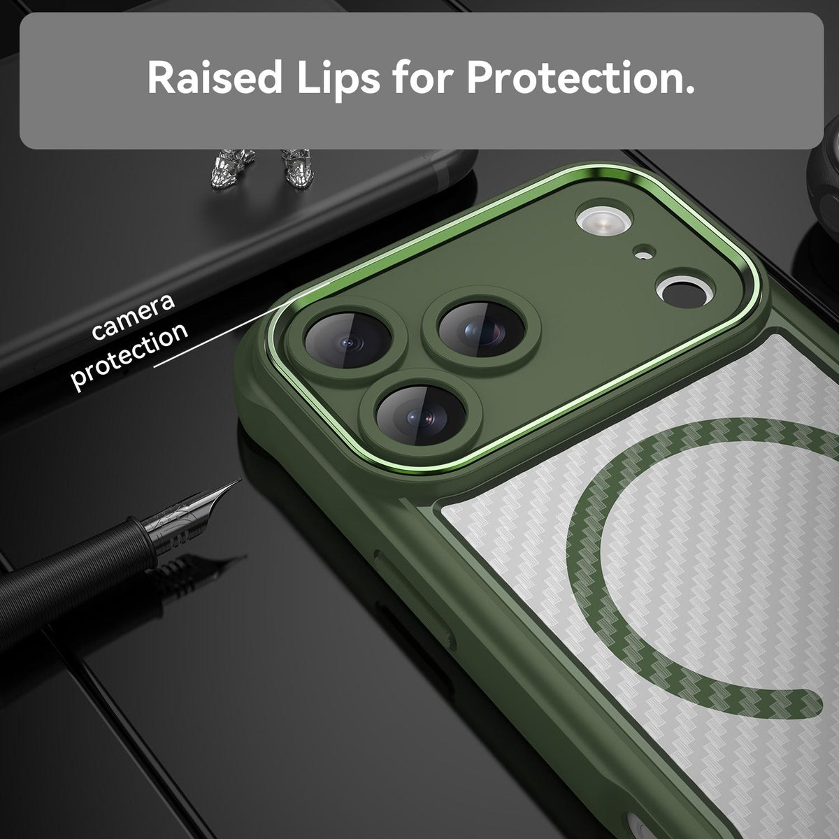 Compatible with iPhone 18 Pro Max Carbon Fiber Texture MagSafe Translucent Phone Case - Green