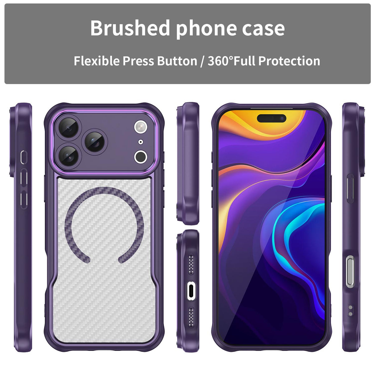 Compatible with iPhone 18 Pro Max Carbon Fiber Texture MagSafe Translucent Phone Case - Purple