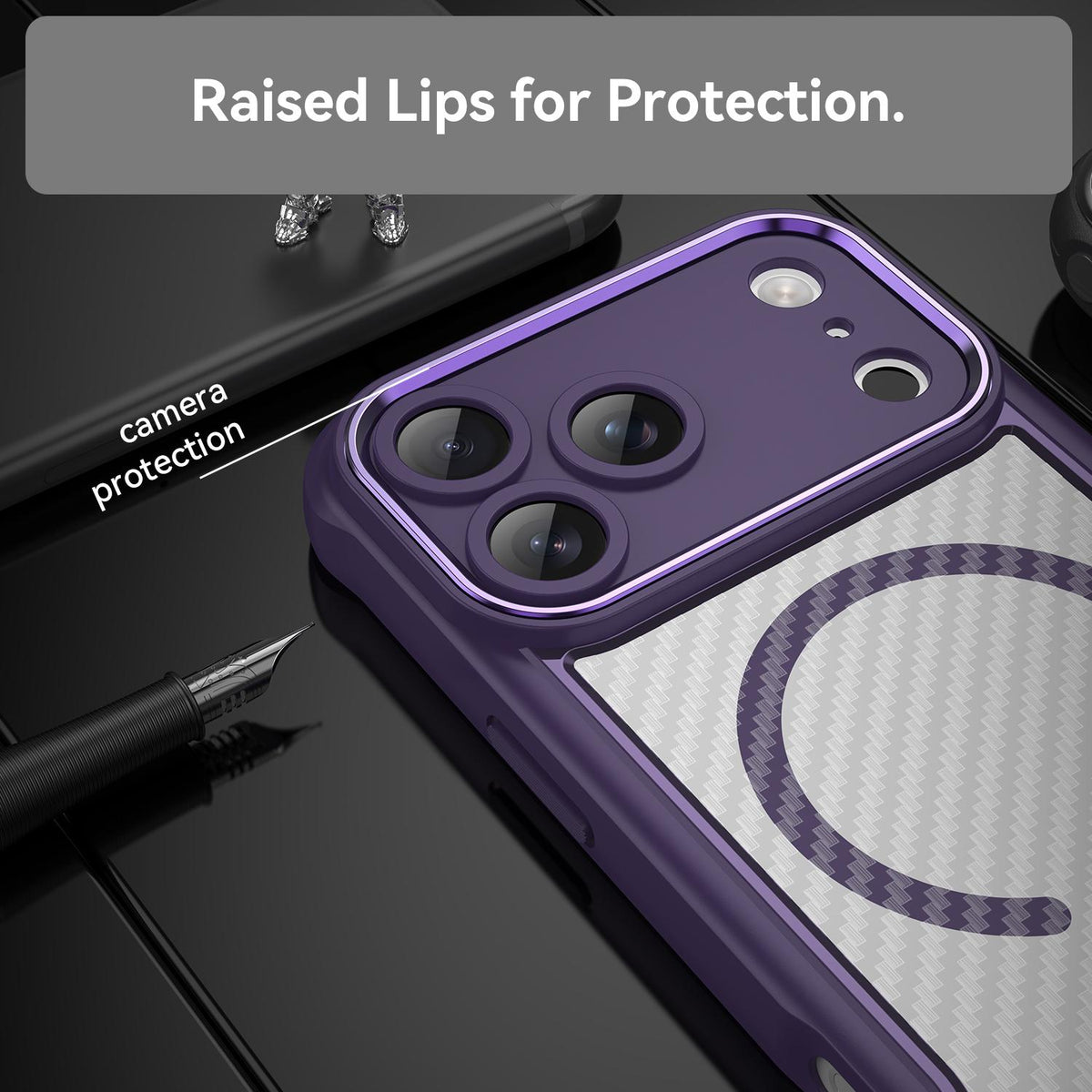 Compatible with iPhone 18 Pro Max Carbon Fiber Texture MagSafe Translucent Phone Case - Purple