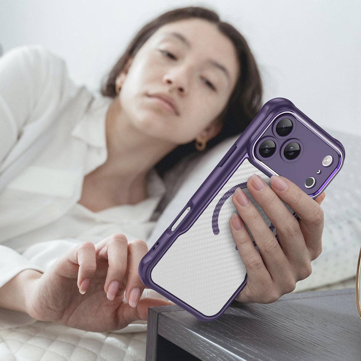 Compatible with iPhone 18 Pro Max Carbon Fiber Texture MagSafe Translucent Phone Case - Purple
