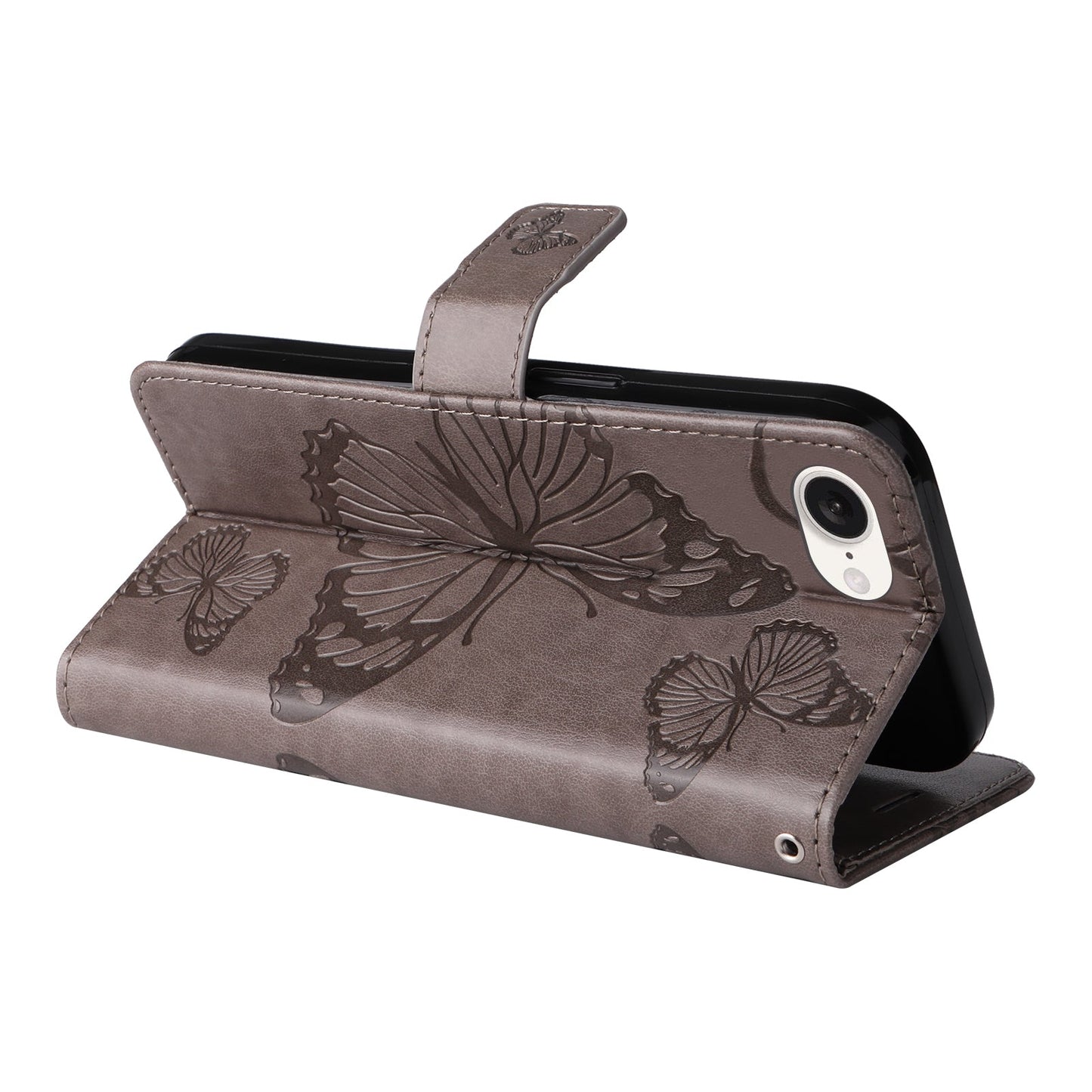 For iPhone 16e 3D Butterfly Embossed Pattern Flip Leather Phone Case(Grey)