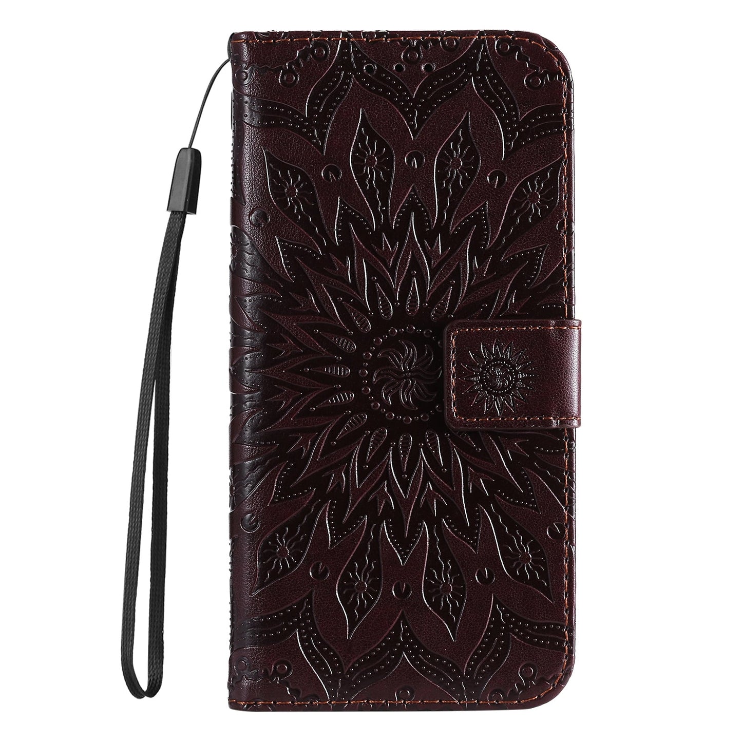For iPhone 16e Embossed Sunflower Pattern Flip Leather Phone Case(Brown)