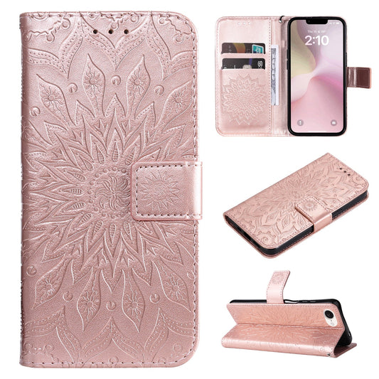 For iPhone 16e Embossed Sunflower Pattern Flip Leather Phone Case(Rose Gold)