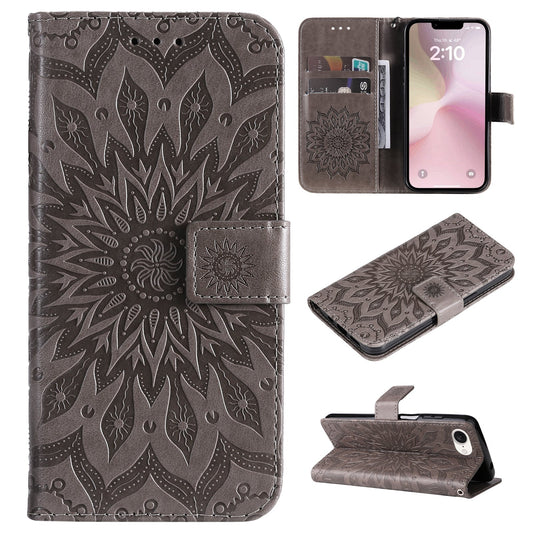 For iPhone 16e Embossed Sunflower Pattern Flip Leather Phone Case(Grey)