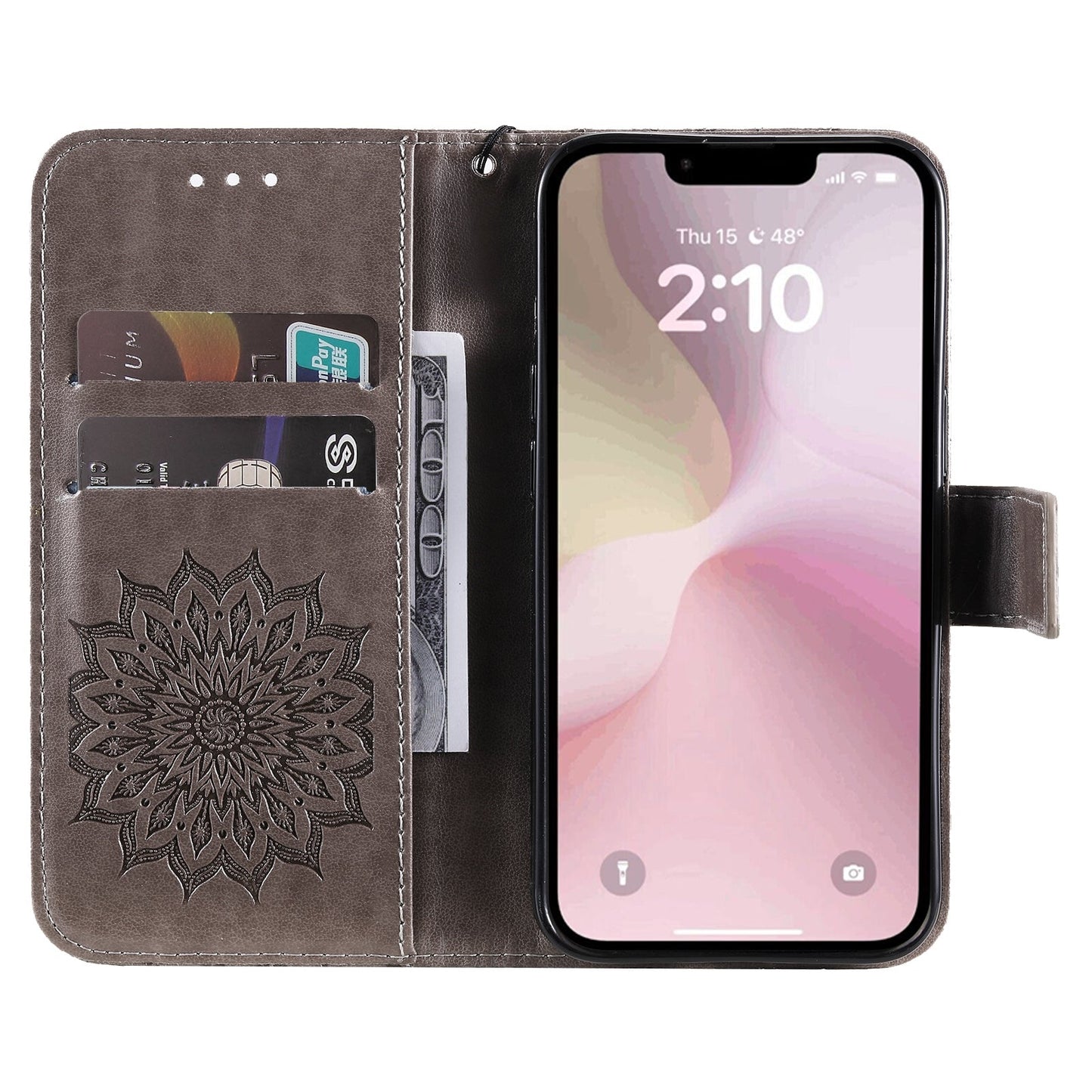 For iPhone 16e Embossed Sunflower Pattern Flip Leather Phone Case(Grey)