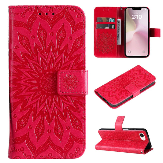For iPhone 16e Embossed Sunflower Pattern Flip Leather Phone Case(Red)