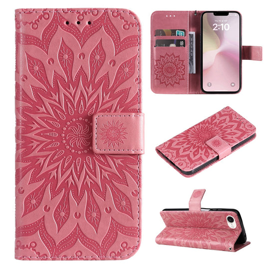 For iPhone 16e Embossed Sunflower Pattern Flip Leather Phone Case(Pink)