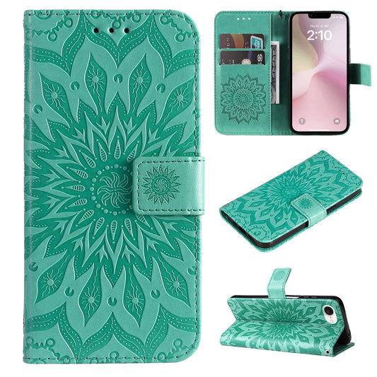 For iPhone 16e Embossed Sunflower Pattern Flip Leather Phone Case(Green)