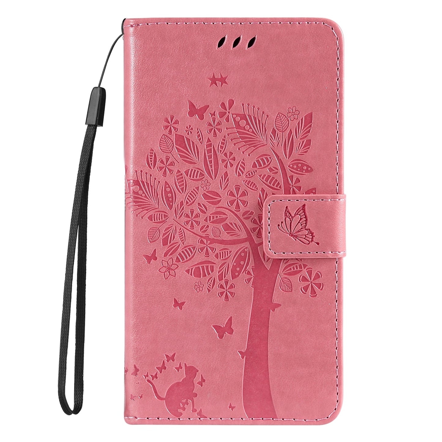 For iPhone 16e Tree & Cat Embossed Pattern Flip Leather Phone Case(Pink)