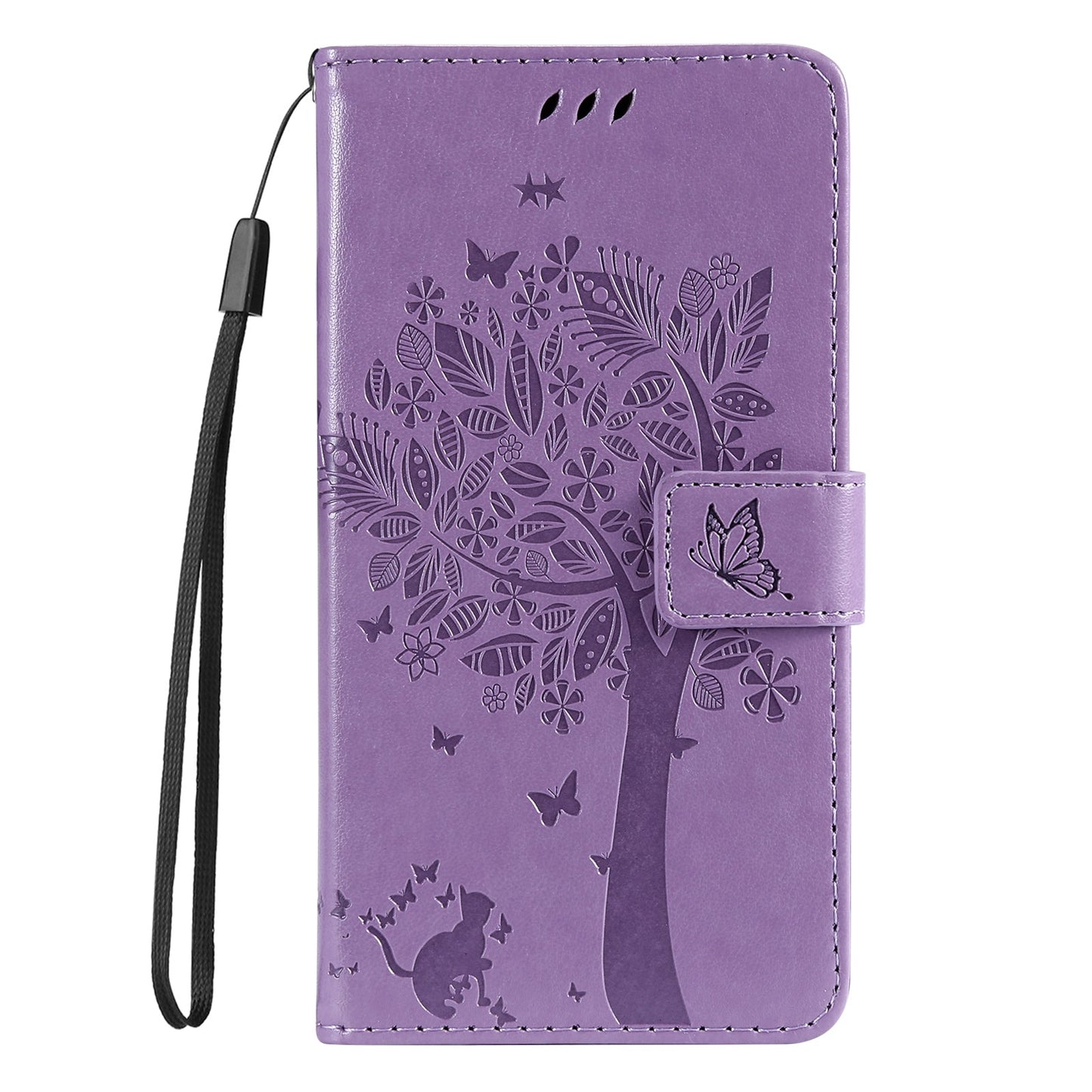 For iPhone 16e Tree & Cat Embossed Pattern Flip Leather Phone Case(Light Purple)