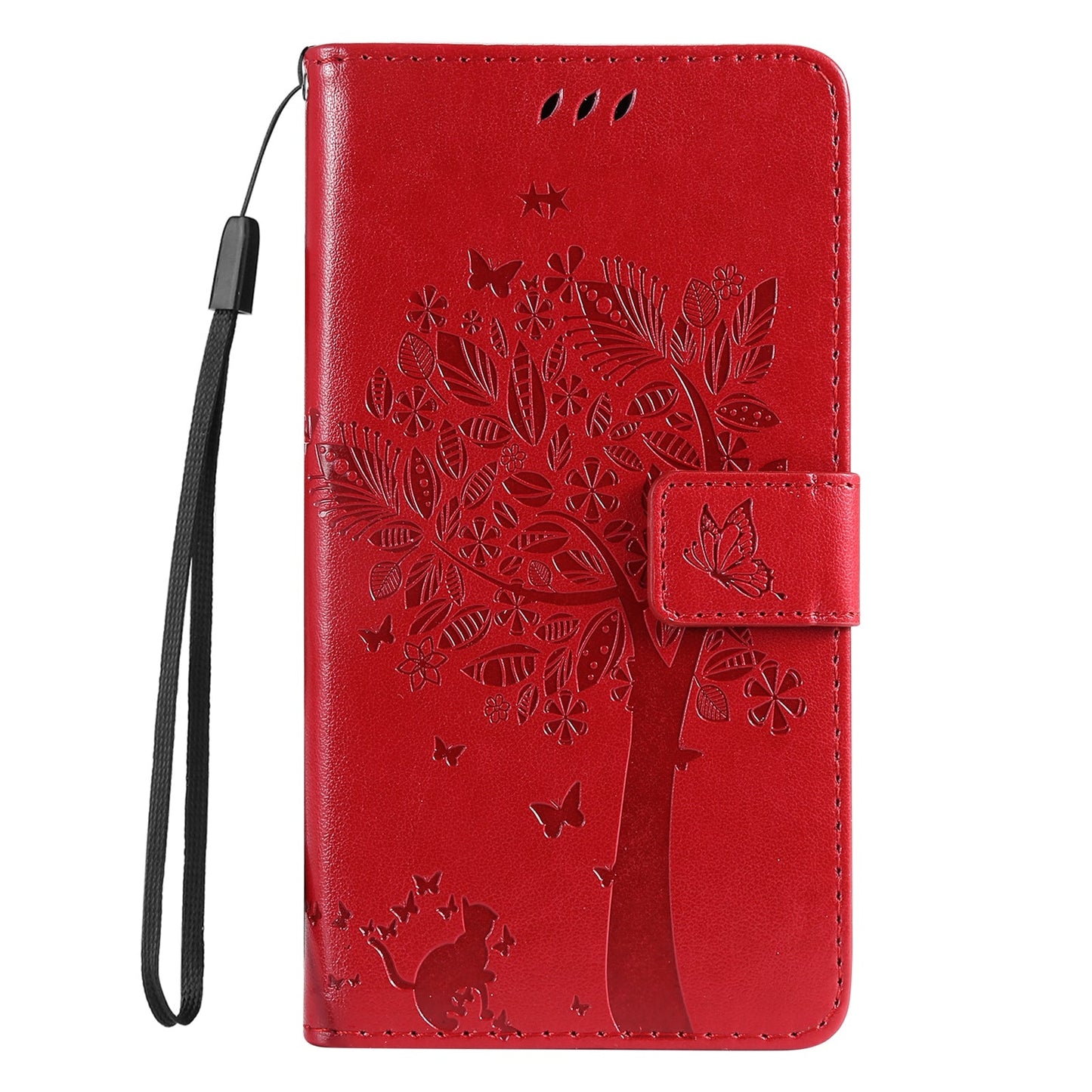 For iPhone 16e Tree & Cat Embossed Pattern Flip Leather Phone Case(Red)