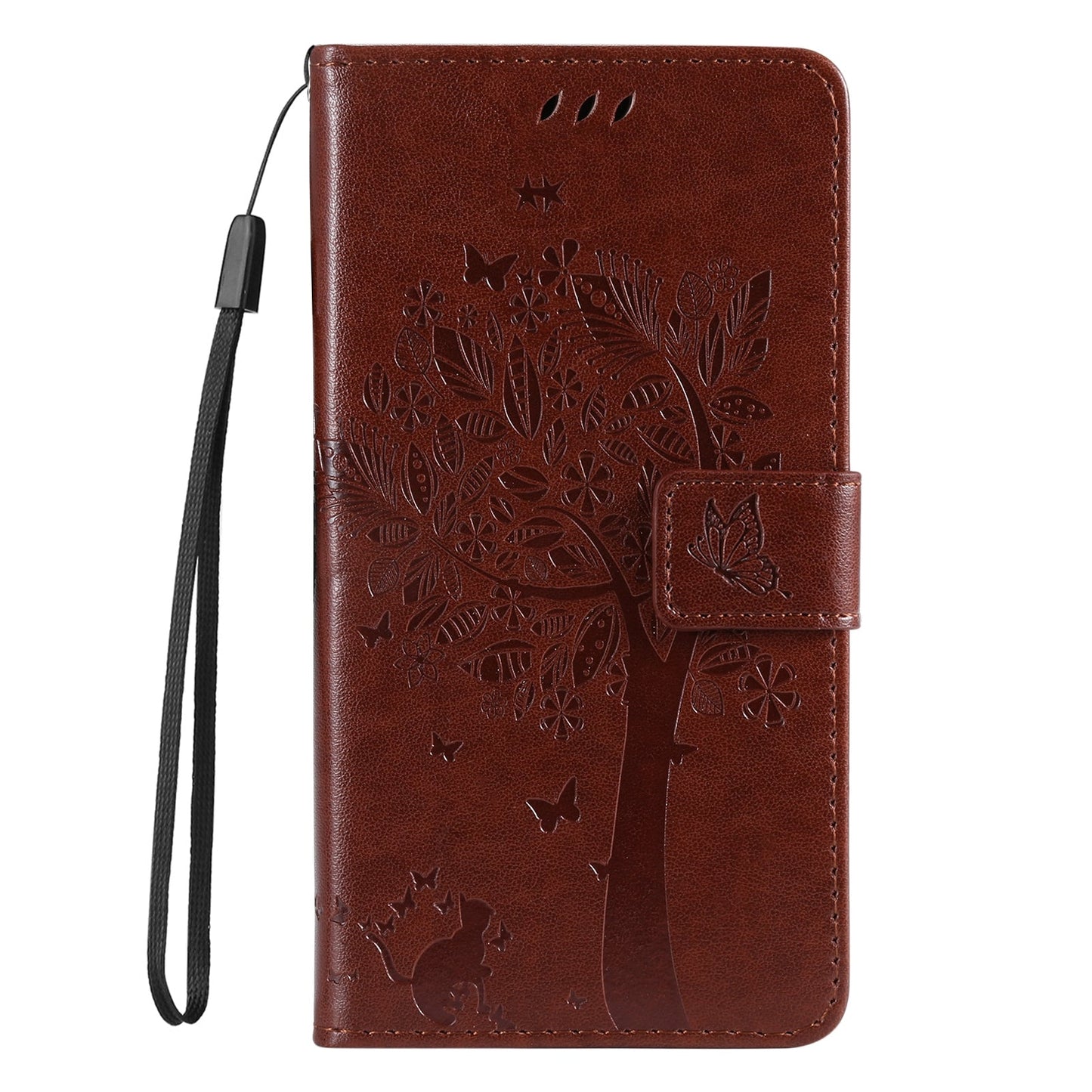 For iPhone 16e Tree & Cat Embossed Pattern Flip Leather Phone Case(Coffee)