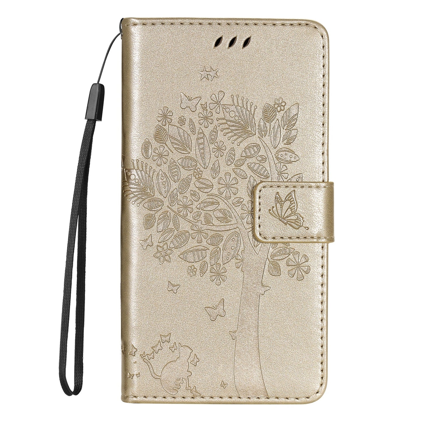 For iPhone 16e Tree & Cat Embossed Pattern Flip Leather Phone Case(Gold)