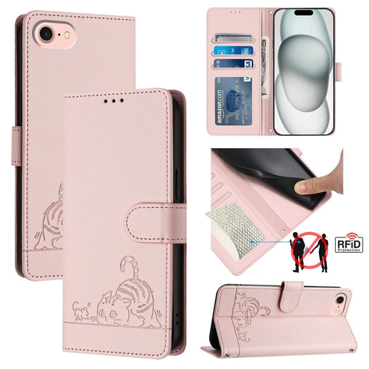 For iPhone 16e Cat Rat Embossed Pattern RFID Leather Phone Case with Lanyard(Pink)