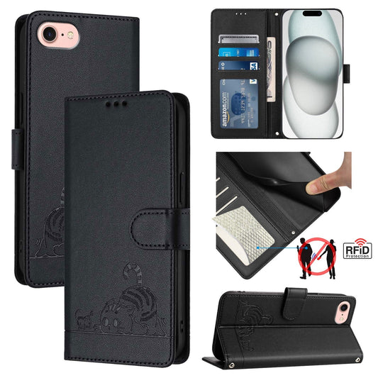 For iPhone 16e Cat Rat Embossed Pattern RFID Leather Phone Case with Lanyard(Black)