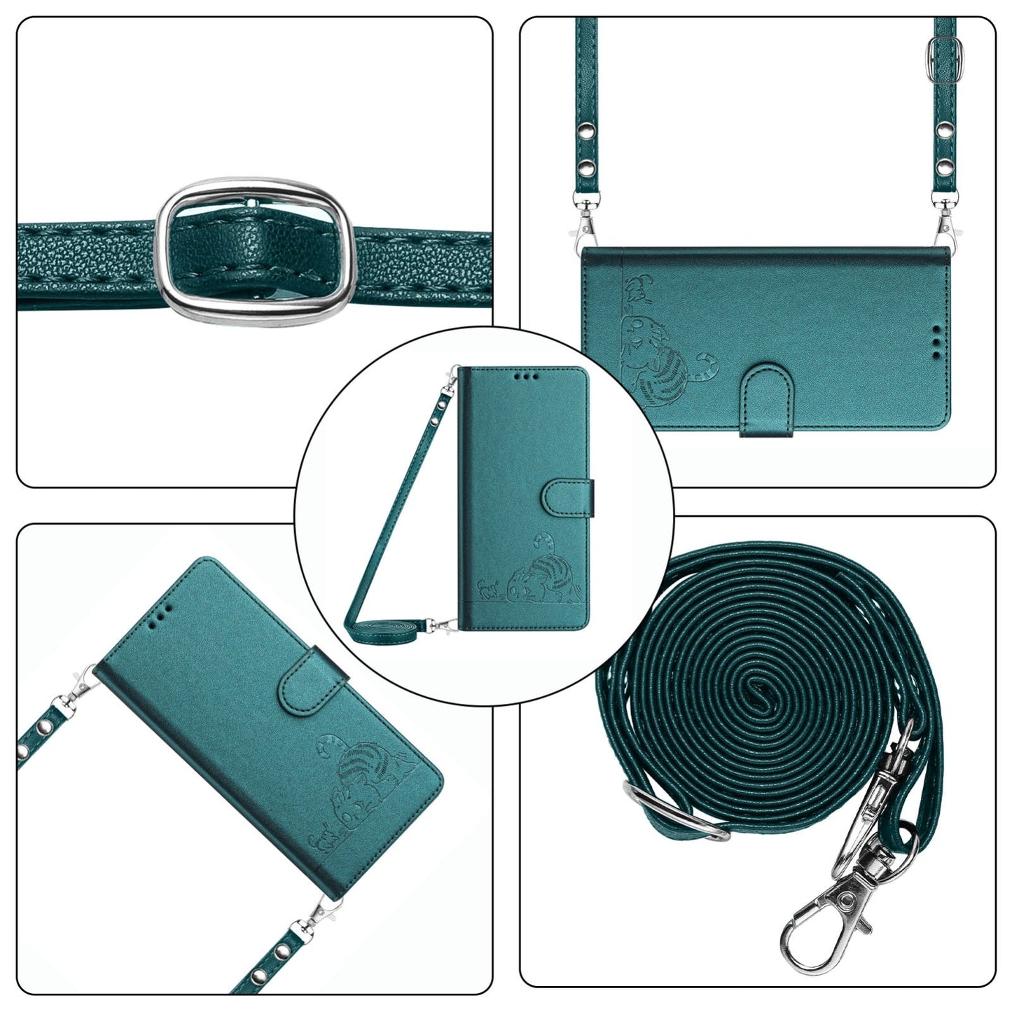 For iPhone 16e Cat Rat Embossed Pattern RFID Leather Phone Case with Lanyard(Peacock Green)