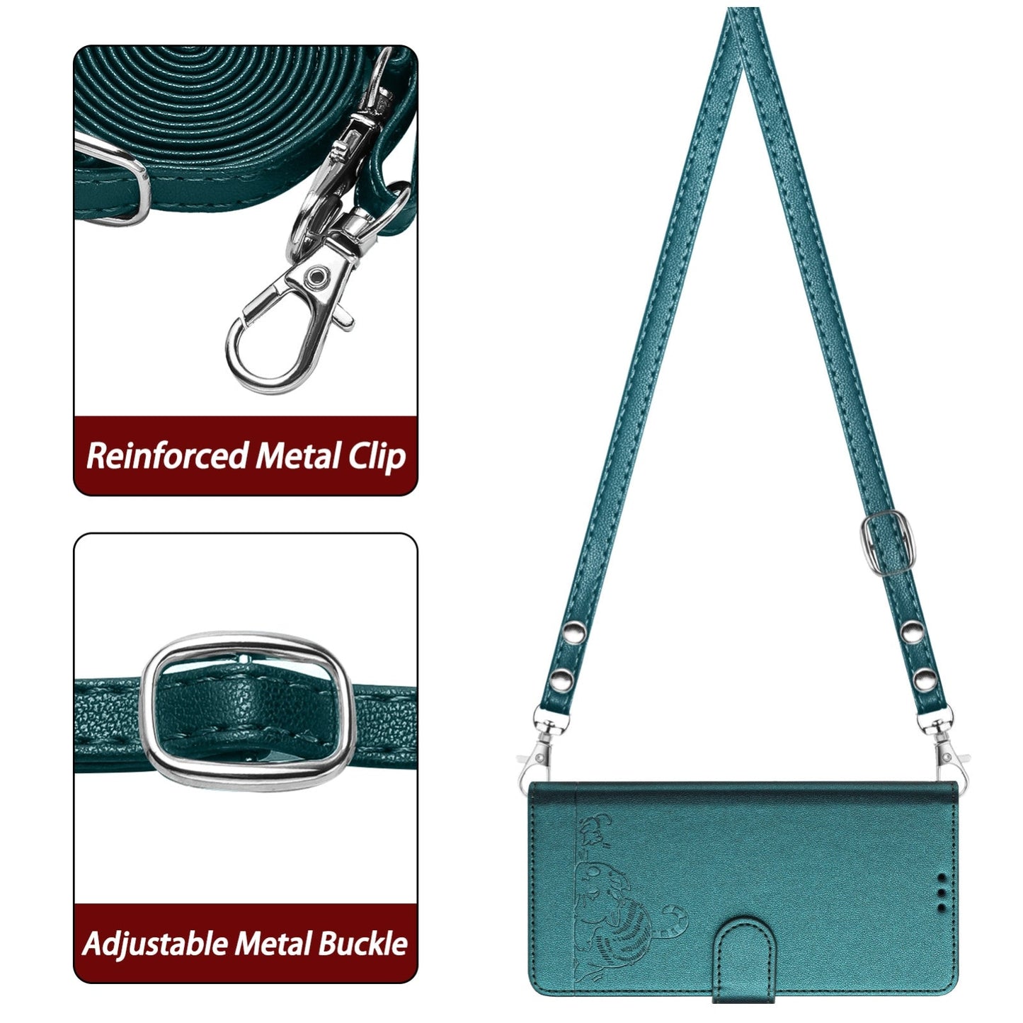 For iPhone 16e Cat Rat Embossed Pattern RFID Leather Phone Case with Lanyard(Peacock Green)